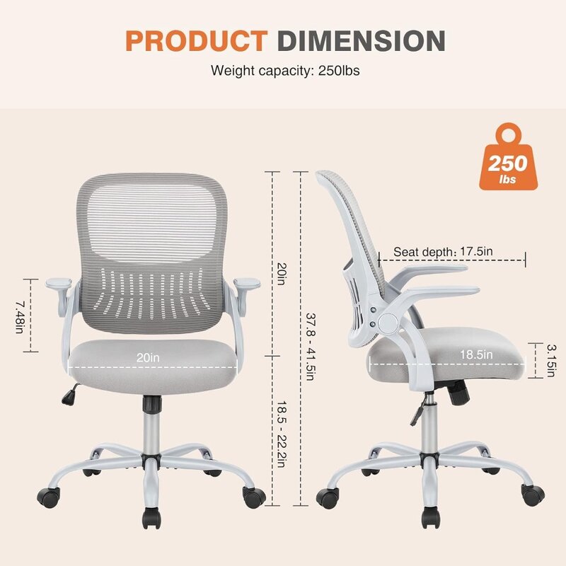 Sweetcrispy Krzesło biurowe do komputera, ergonomiczne krzesła robocze z siatki w połowie oparcia, obrotowe z kółkami