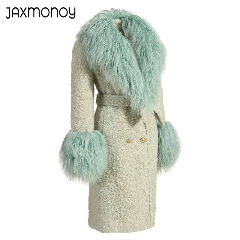 Jaxmonoy-abrigo largo de lana con piel mongola auténtica para mujer, ropa de abrigo elegante y cálida para invierno, novedad de 2024