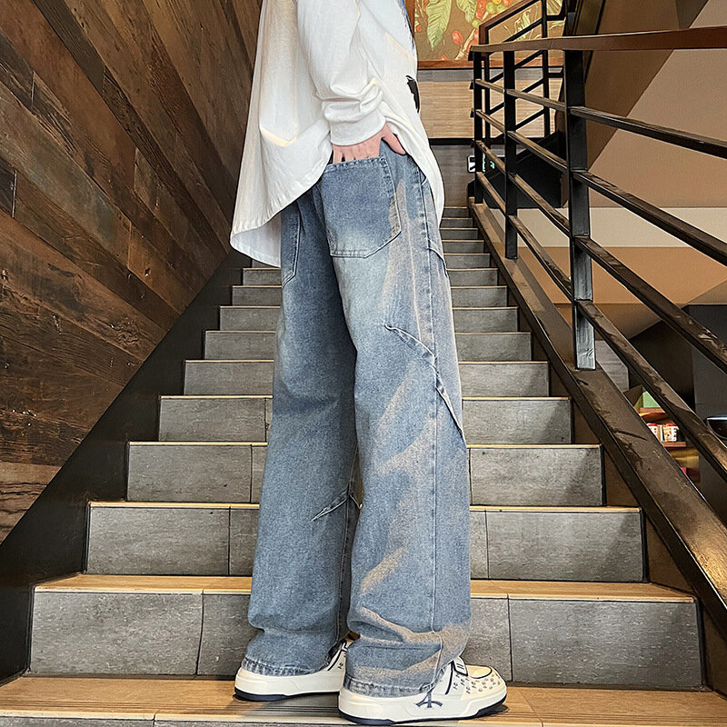 กางเกงยีนส์ขาตรงวินเทจสำหรับผู้ชายเสื้อผ้าแนวสตรีทแวร์กางเกงลำลองทรงหลวมคลาสสิก2024ซักเสร็จฤดูร้อน