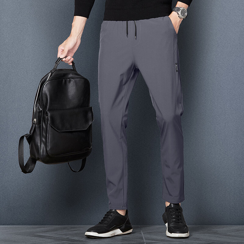 Basic Sports Solid Color Trousers Summer Straight Men's Clothing Business Casual Mid Waist Elastic Chic Drawstring Casual Pants