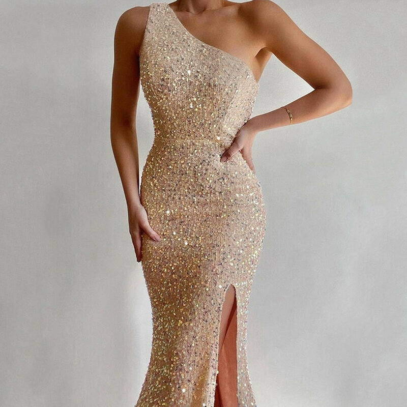 Fall Dresses For Women 2024 Classy One Shoulder Side Slit Slim Glitter Sparkly Sequin Sleeveless Midi Dress Elegant Party Dress