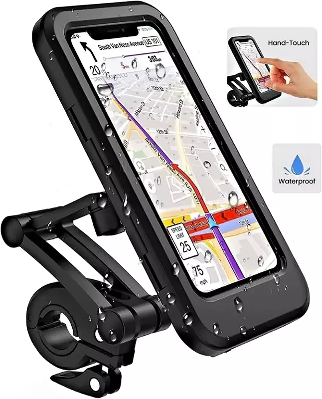 Pemegang ponsel sepeda motor, tahan air, tinggi putar 360 ° dapat diatur dengan klip ponsel setang layar sentuh
