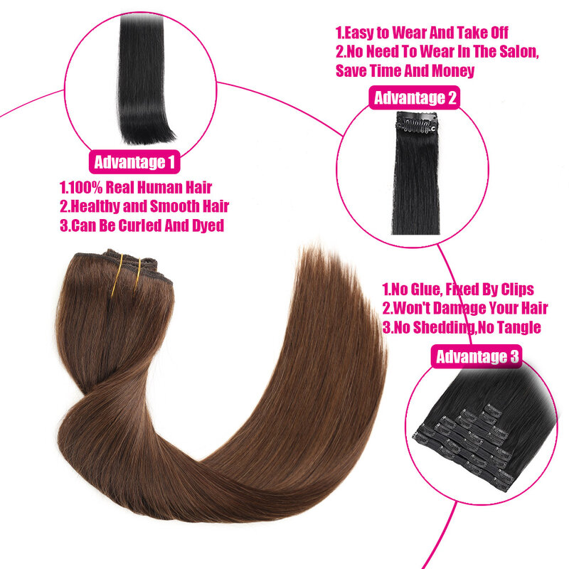 Extensions de cheveux humains à clipser sans couture, cheveux naturels, cheveux raides Remy, 8 pièces, 120g