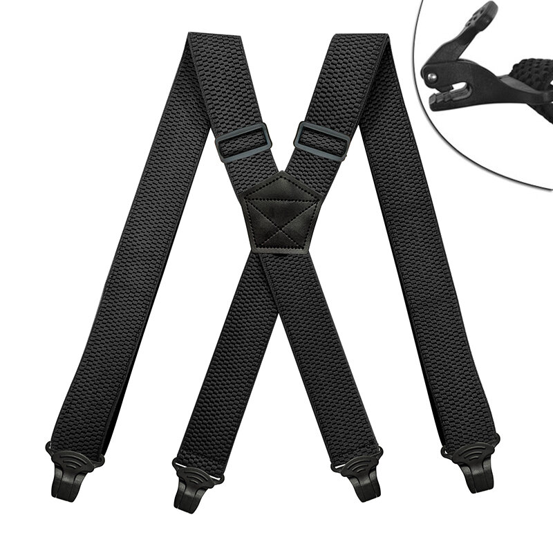 Heavy Duty Work Suspenders for Men 3.8cm Wide X-Back with 4 Plastic Gripper Clasps Adjustable Elastic Trouser Pants Braces-Black
