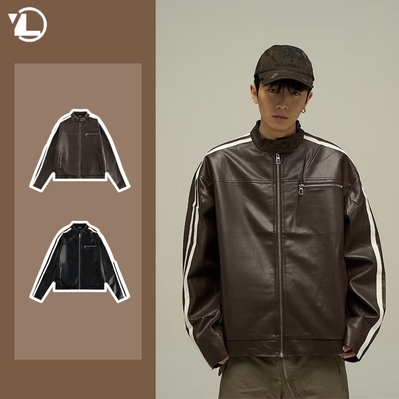 Spring Motorcycle PU Leather Jacket Mens New Stripe Punk Bomber Coats Loose Stand Collar Zipper Pocket High Street Outwear Y2K