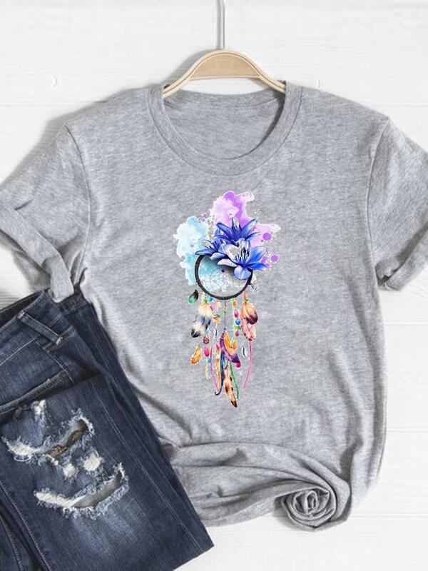 Camiseta con estampado de plumas de acuarela para mujer, Top de manga corta, ropa de moda, Camiseta básica gris, camiseta gráfica