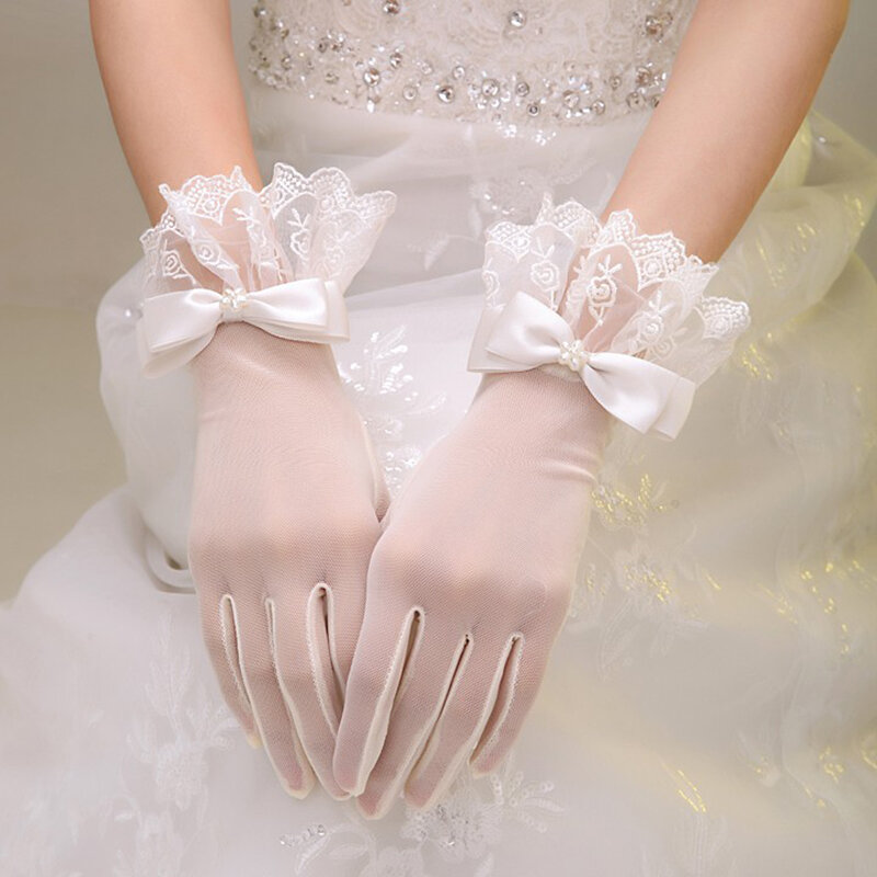 Mulher luvas de casamento curto pulso tule renda appliqued com arco branco presentes da festa de noiva acessórios de casamento novo