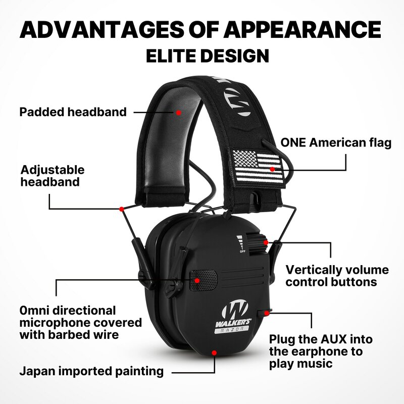Cache-oreilles électronique pour rasoir Walker, protection auditive, portée réglable, mince, profil ultra bas, design compact, chasse au tir