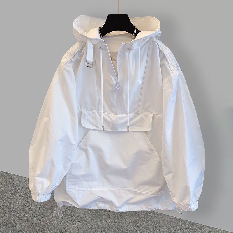 Moletom masculino de manga comprida com capuz, jaqueta Windproof extragrande, bolso grande, moda casual, preto, branco, unissex, verão