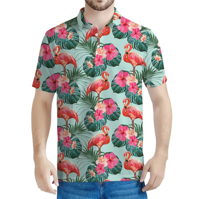 Polo con estampado 3d de flamenco Tropical para hombre, camiseta Hawaiana de manga corta con botones, Tops informales de verano con solapa
