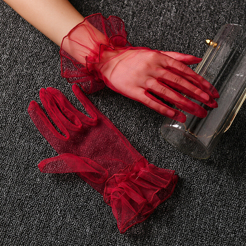 Женские короткие тюлевые перчатки, сексуальные кружевные варежки, тюлевые перчатки с закрытыми пальцами, женские перчатки для вождения, прозрачные варежки, свадебные перчатки