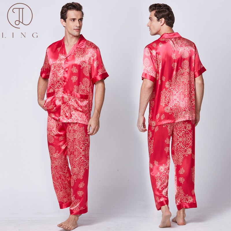 Ling injSatin Hommes Pyjama Ensembles Demi Manches Hommes Sleep Lounge Vêtements De Nuit Deux Pièces Ensembles Plus La Taille artificiel astique M-XXXL