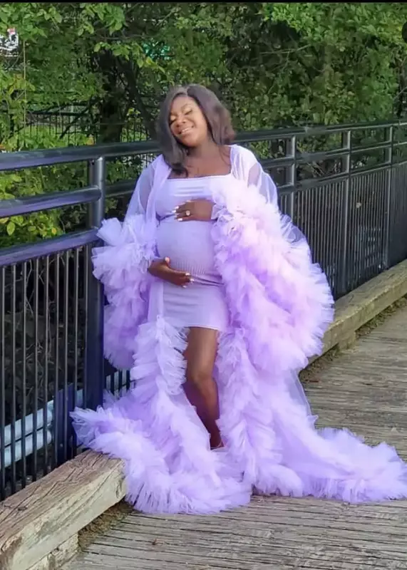 Chique roxo ilusão maternidade tule foto shoot robe para mulher grávida, camadas babados vestido, vestidos de festa nupcial, vestidos de aniversário