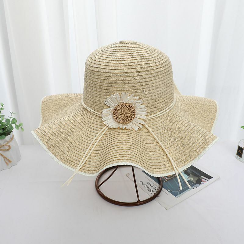 Topi matahari perjalanan pantai kerai musim panas baru topi jerami bunga wanita romantis topi matahari bertepi besar