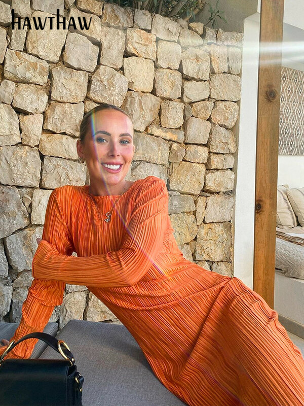 Hawthaw Frauen Mode Streetwear Langarm Bodycon Orange Midi Kleid 2022 Herbst Kleidung Großhandel Artikel Für Business