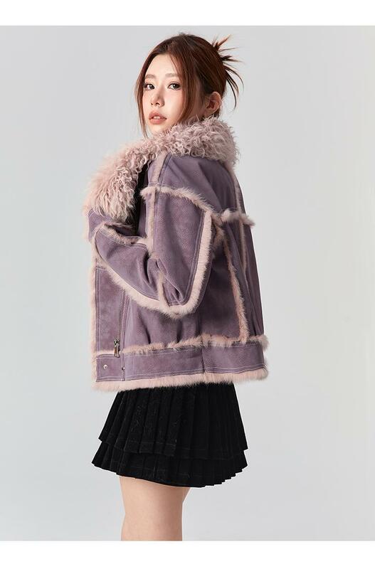 여성용 짧은 스타일 모피 양가죽 재킷, 무두질 스웨이드 원단, 100% 천연 토끼 안감, 럭셔리 패션, 2024 용수철 및 가을