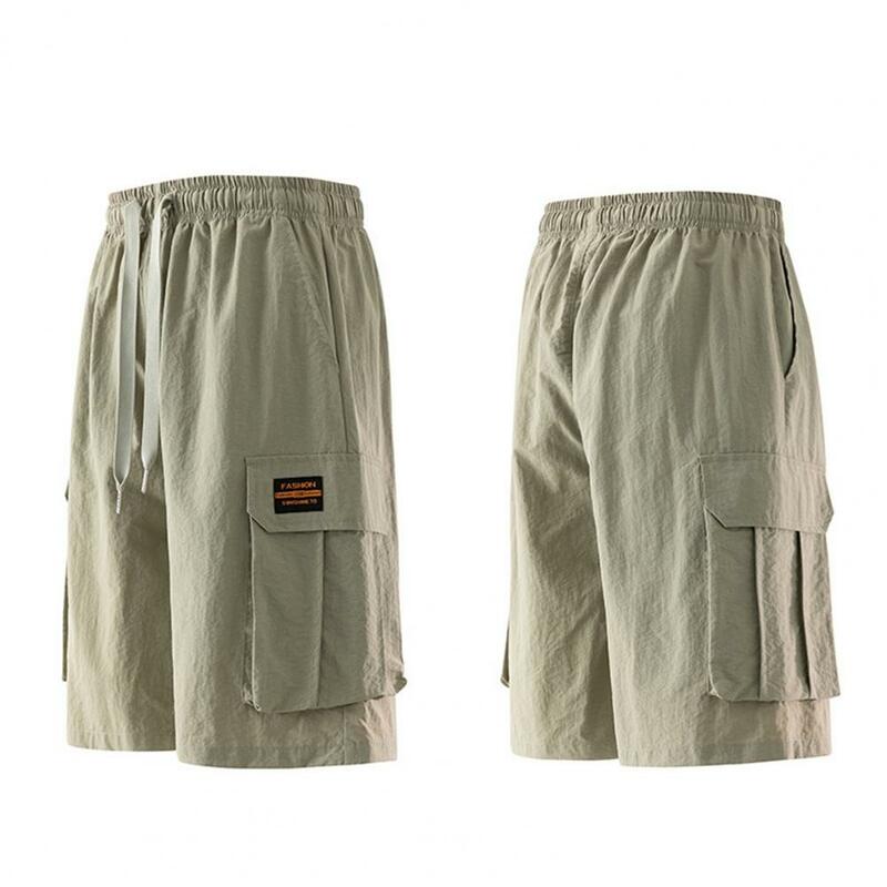 Casual Solid Color Shorts Men's Cargo Shorts with Drawstring Waist Multiple Pockets for Sporty Casual Wear Wide Leg Knee Length