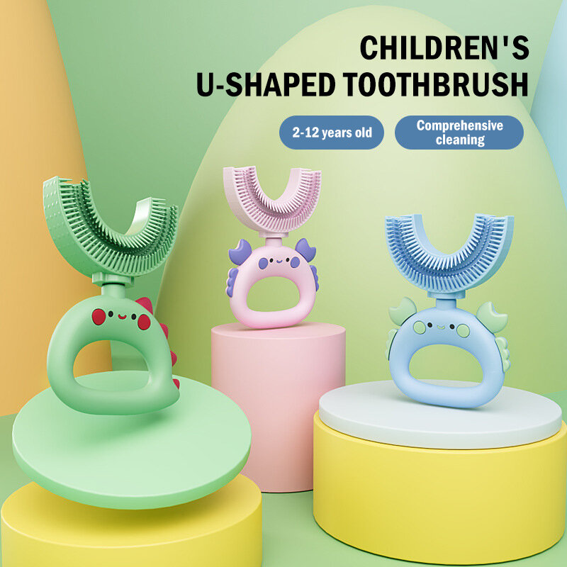 Brosse à dents en forme de U pour enfants, brosse en silicone souple pour bébés, livres de soins pour tout-petits, cadeaux de dessin animé, résistant à 360