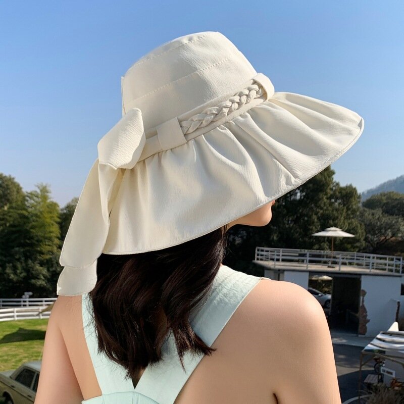 Topi nelayan tabir surya musim panas wanita gaya Korea untuk topi pantai bepergian luar ruangan untuk mencegah sinar ultraviolet topi matahari dapat dilipat