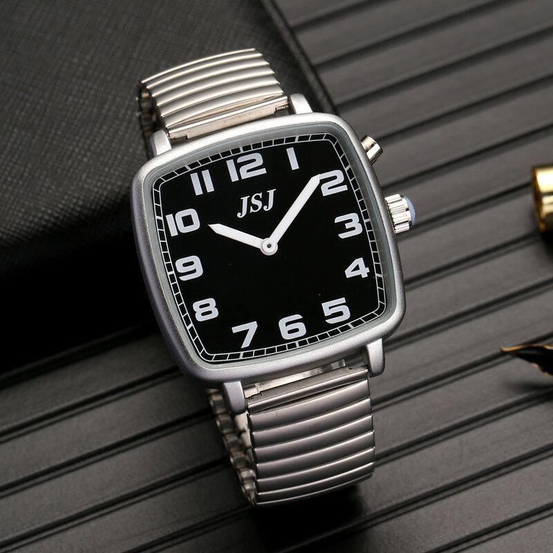 Часы говорящие, квадратные, с будильником, датой и временем, черный циферблат, коричневый кожаный ремешок TGSW-1714G