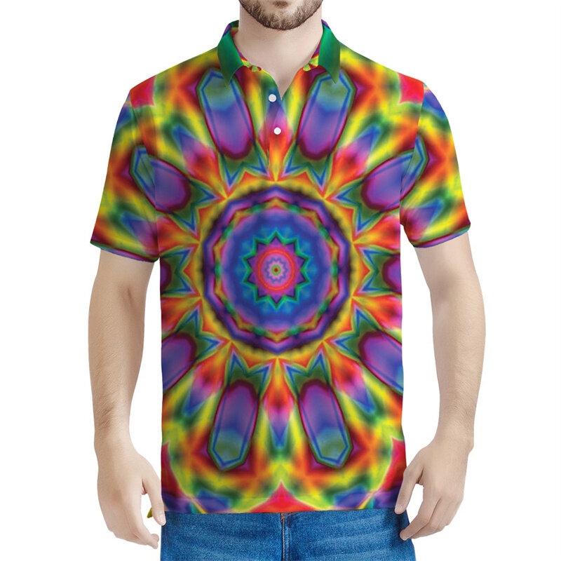 Мужская винтажная психоделическая рубашка-поло с 3D-принтом, летняя повседневная футболка с коротким рукавом и отворотом