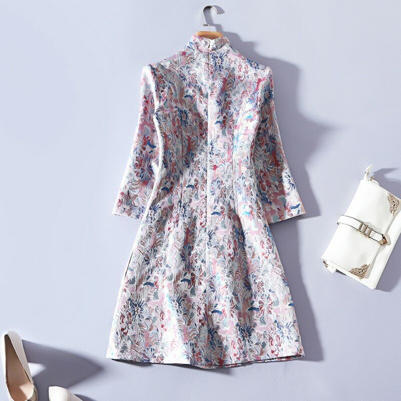 Neue Damen Jacquard verbessert Cheong sam Retro Mode elegante Wort Kleid täglich 3/4 Ärmel
