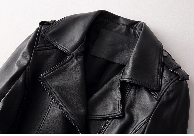 Jaqueta de couro genuíno feminino, casaco de pele de carneiro, 90% branco, roupas femininas de motocicleta, novo, 2023