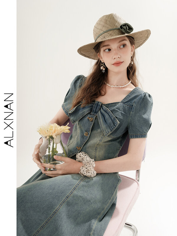 ALXNAN Fashion Single-breasted Denim Skirt Suit Women's New 2024 Summer One-line Collar Bow Tie Slim Temperament Clothes TM00121