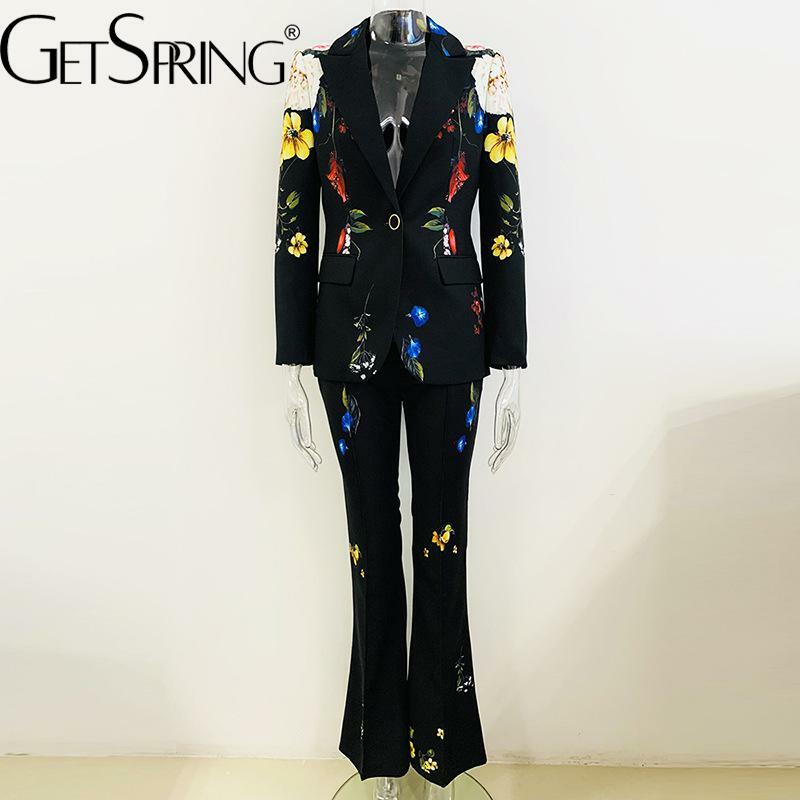 GetSpring-Conjunto de dos piezas para mujer, traje con estampado de flores, Blazer de un solo botón, abrigo de cintura alta, pantalones largos acampanados, Otoño, 2024
