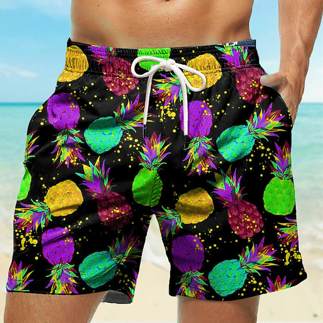 Pantalones cortos de verano para hombre, bañadores con cordón, piña, secado rápido, playa, vacaciones, Hawaiano, microelástico