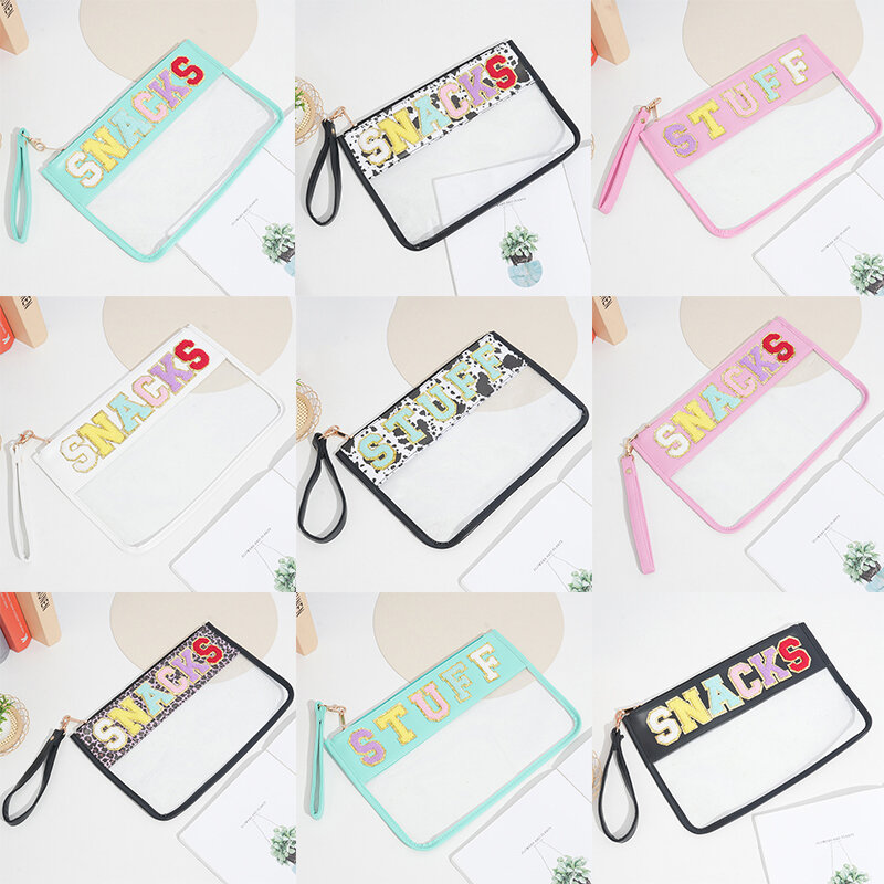 Chenille Letter Clear Zipper Pouch for Travel Waterproof Cosmetic Pouch Clear Snack Bags Nylon Travel Gym Beach Bag Multipurpose