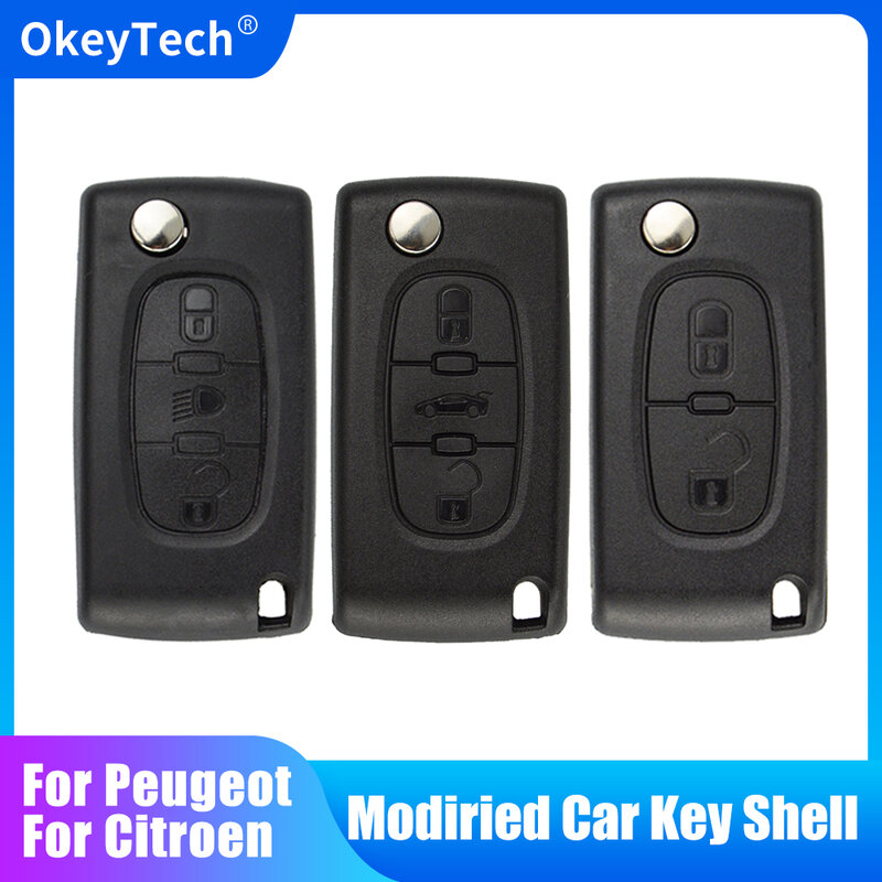 Okeytech-Peugeot用のリモートキーケース、フリップ折りたたみ式カーキーシェル、2、3、4ボタン、207、307、308、407、607、Citroen c2、c3、c4、c5,c6