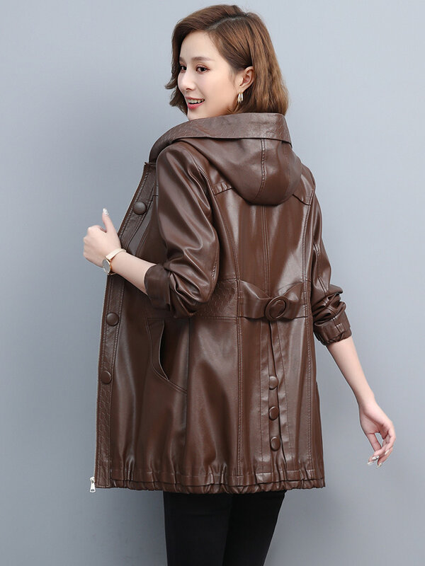 New Women Hooded Leather Coat Spring Autumn Casual Fashion Plus Cotton Lining Loose Sheepskin Outerwear Mother Jacket Female
