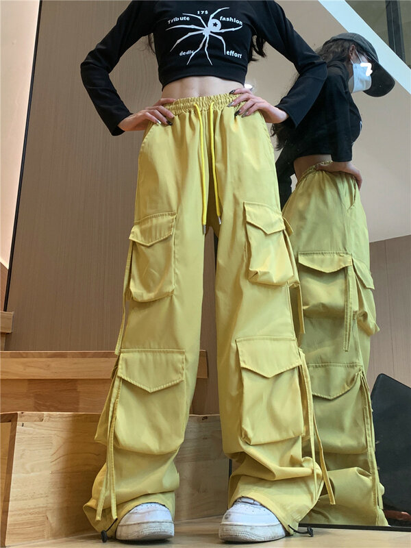 กางเกงคาร์โก้ขากว้างมีกระเป๋าสำหรับผู้หญิงใส่ในฤดูร้อนกางเกงลำลองเอวสูงมีเชือกรูดเอวสูงสีพื้น