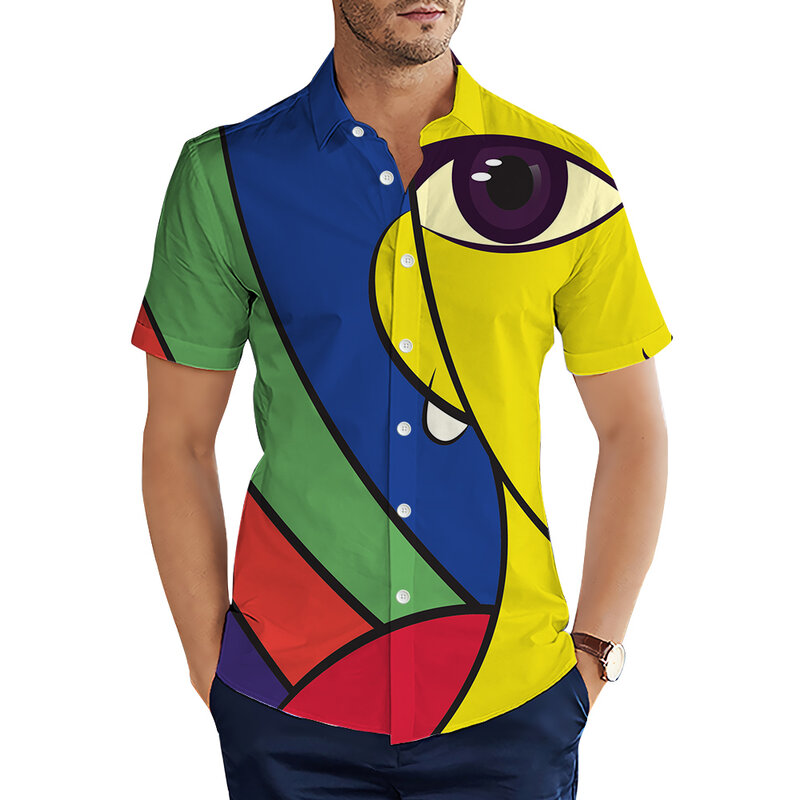 HX 패션 남성 셔츠, 일러스트 아트 스플라이싱, 3D 프린트 캐주얼 셔츠, 여름 반팔 셔츠, 남성 의류