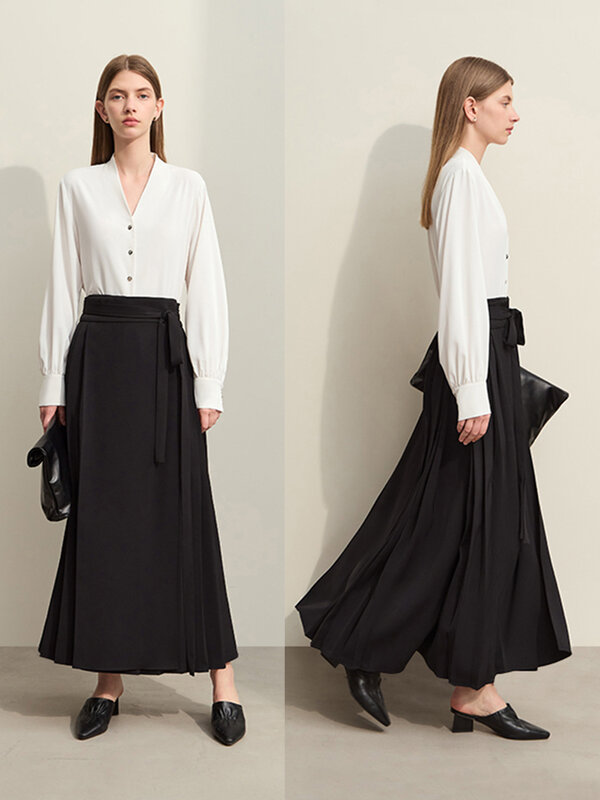 Amii Minimalism 2024 Women Horse Face Skirts Summer New Elegant Chinese Style Pleated Strapped Loose A-Line Lady Skirt 12442039
