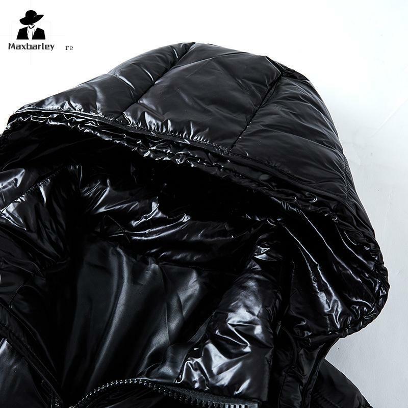 男性用の厚くて光沢のある黒のジャケット,柔らかい生地,白いダックフッド,暖かい光沢のあるコート,高級服,冬と秋