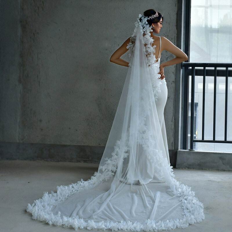 Única camada véu nupcial, bl4043, vestido de casamento, flor borda cocar