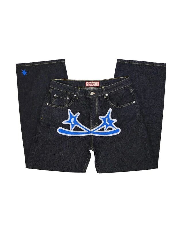 Y 2K Retro Zwarte High-End Print Jeans Amerikaanse Paar Herfst Losse Hoge Taille Slanke, Casual Dweilbroek Wijde Pijpen Broek