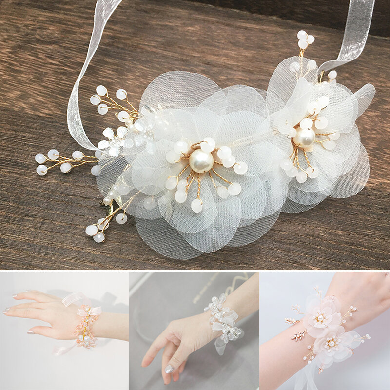 Gelang bunga buatan renda putih, korsase pergelangan tangan mutiara untuk pesta dansa pernikahan dekorasi pengantin