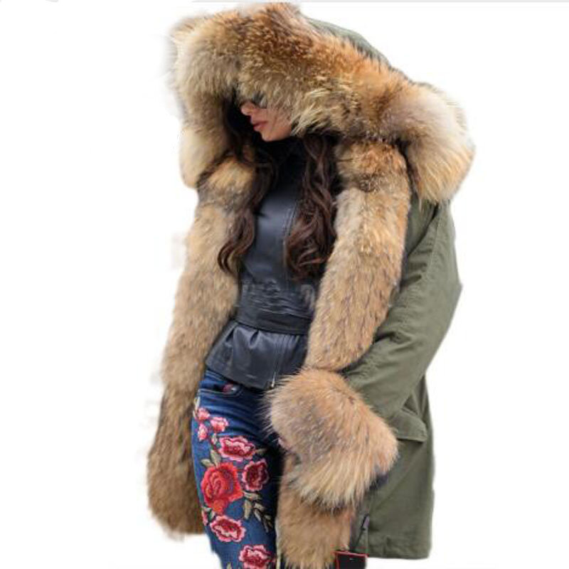 Women's Winter Coat Black Long Parkas Faux Liner Real Raccoon Fur Collar 2022 New Casual Jacket Luxury Clothing Waterproof