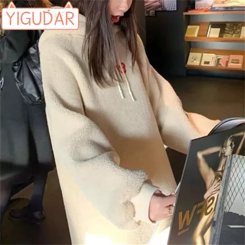 Корейский Свободный утолщенный теплый цельный свитер-платье для беременных женщин с имитацией меха длиной до колена и капюшоном из овечьей шерсти платье для беременных