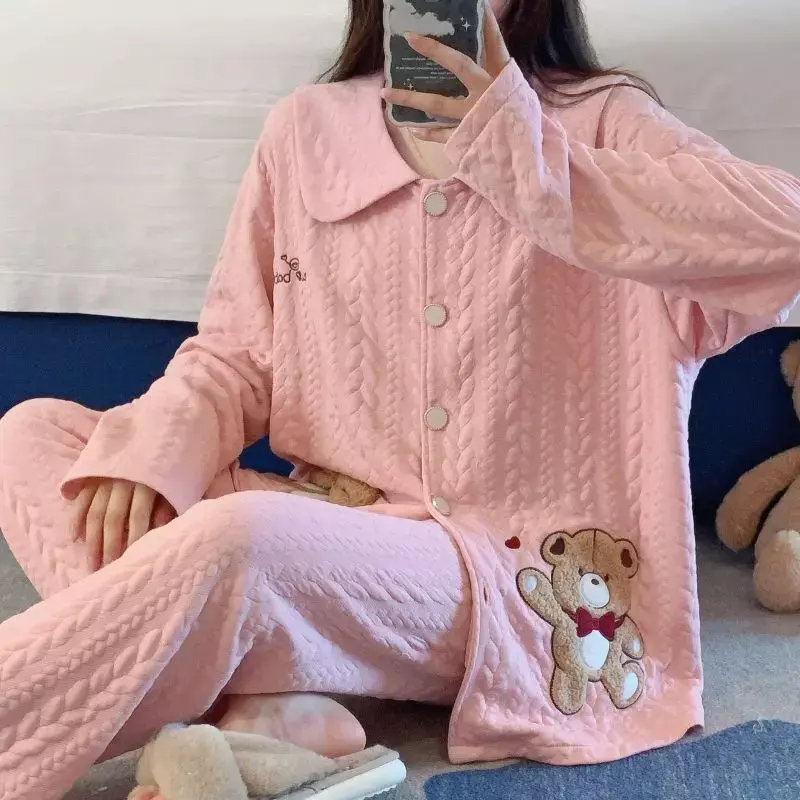 Pyjama en Coton à Manches sulfpour Femme, Ensemble de Vêtements de Nuit Chauds, Cardigan Doux, Nouvelle Collection Automne Hiver 2024