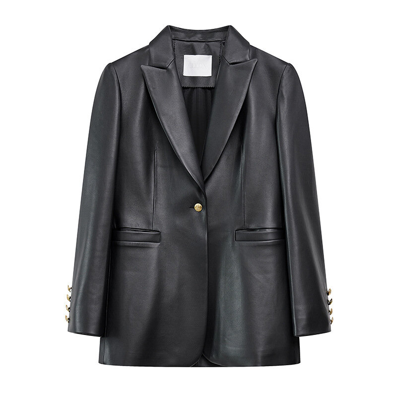 Julypalette-Blazer de couro genuíno feminino, colarinho de lapela, botão único, jaquetas de pele de cordeiro, moda feminina, outono, 2023