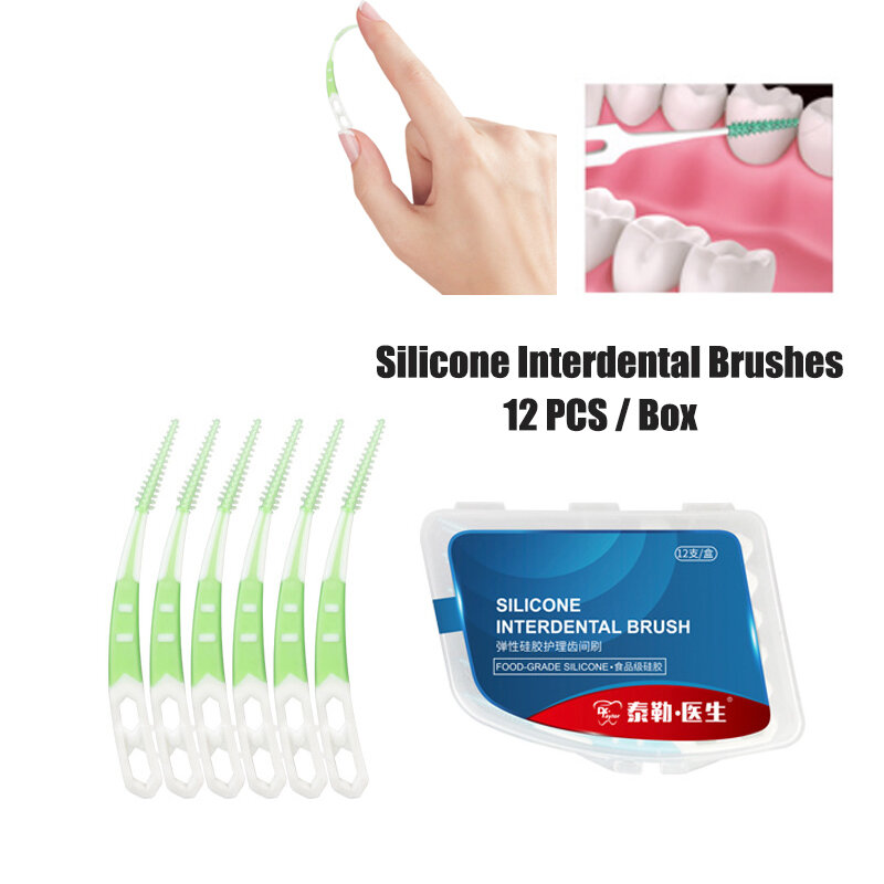 Cepillos interdentales de silicona, herramientas de limpieza bucal con hilo, entre dientes, 12 unids/lote por caja