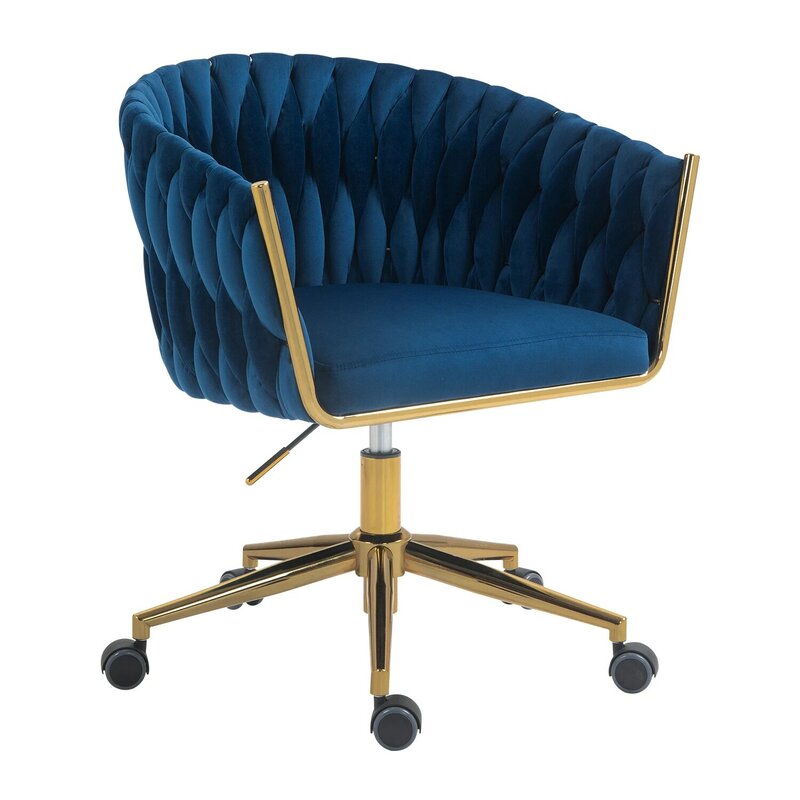 Синее офисное кресло с регулируемой высотой, современный дизайн, плетеная спинка ручной работы, с колесами, поворот на 360 ° для спальни и гостиной