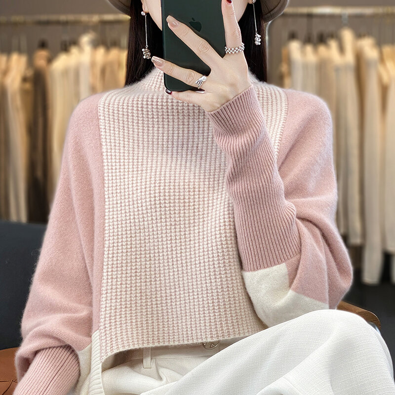2023 nowy półgolf kontrastowy sweter damski 100% z wełny merynosów dziergany sweter luźny koreański modny miękki Top damski