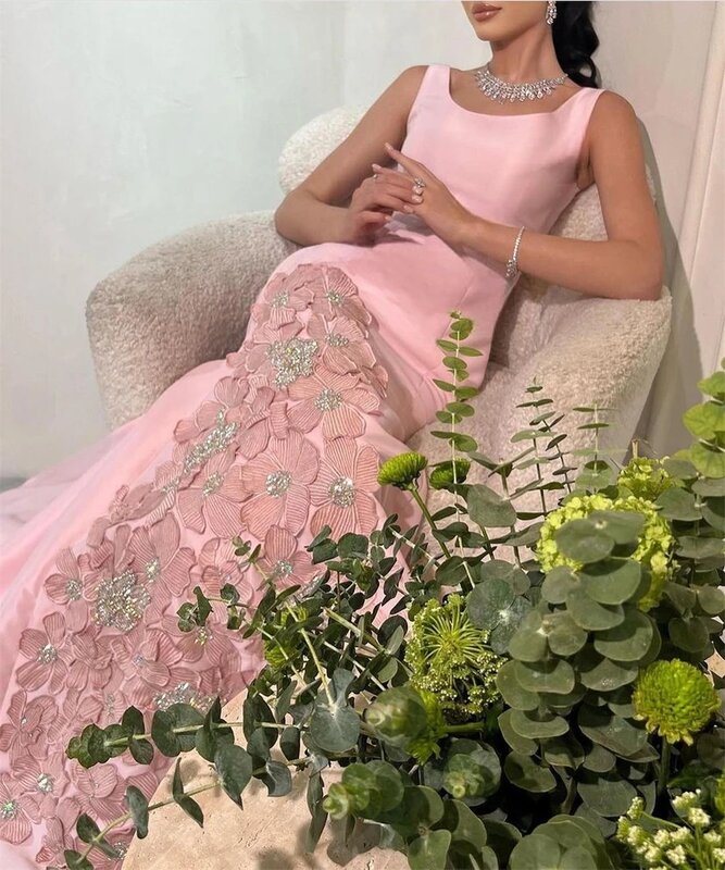 Rosa Abschluss ball Kleid U-Ausschnitt Scheide Applikationen Perlen 3d Blumen Satin formelle Anlass Kleider arabische saudi Abendkleid فساتين old ويلة