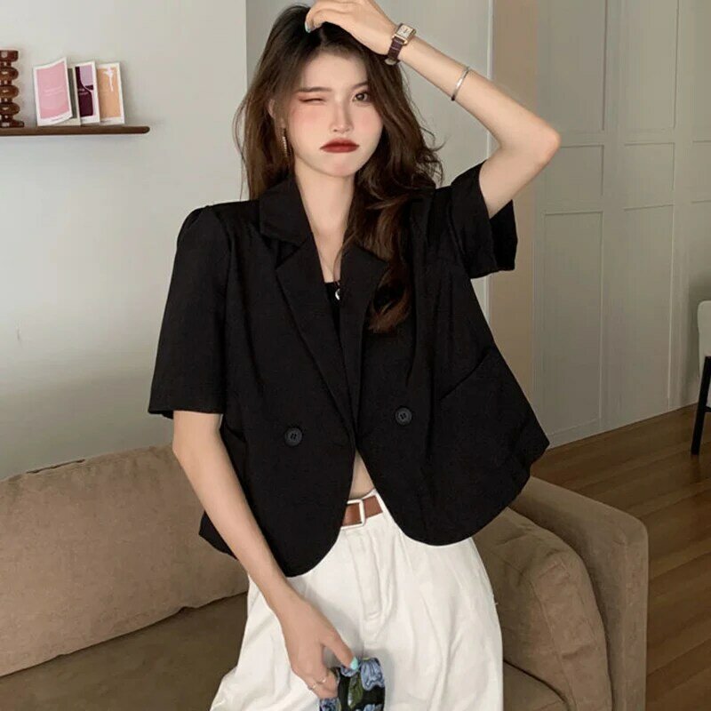 Jaket setelan wanita potongan tipis Mode Korea atasan lengan pendek berkancing untuk Musim Panas 2024 mantel kantor wanita warna polos