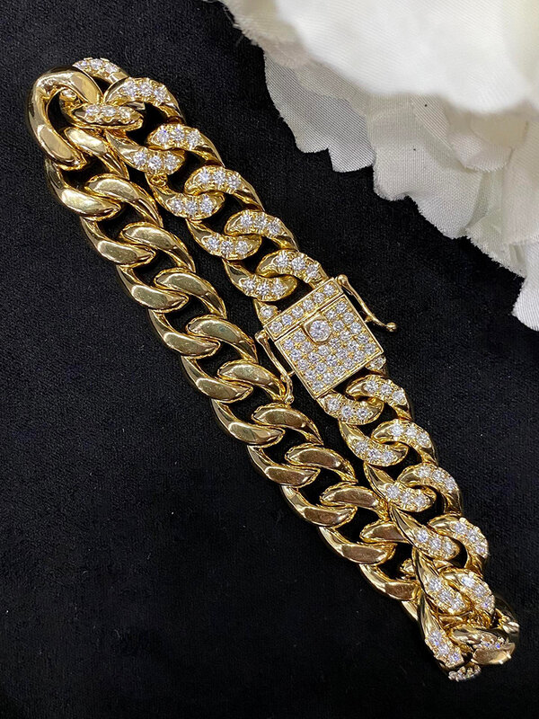 LUOWEND-18K Pulseira de corrente cubana dourada para mulheres, estilo metal luxuoso, diamante natural real, pulseira para banquete sênior, 100%, 12mm